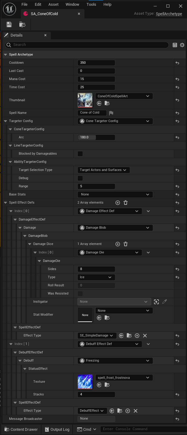 An Spell Data Asset, using ActorDefs with the EditInlineNew UProperty