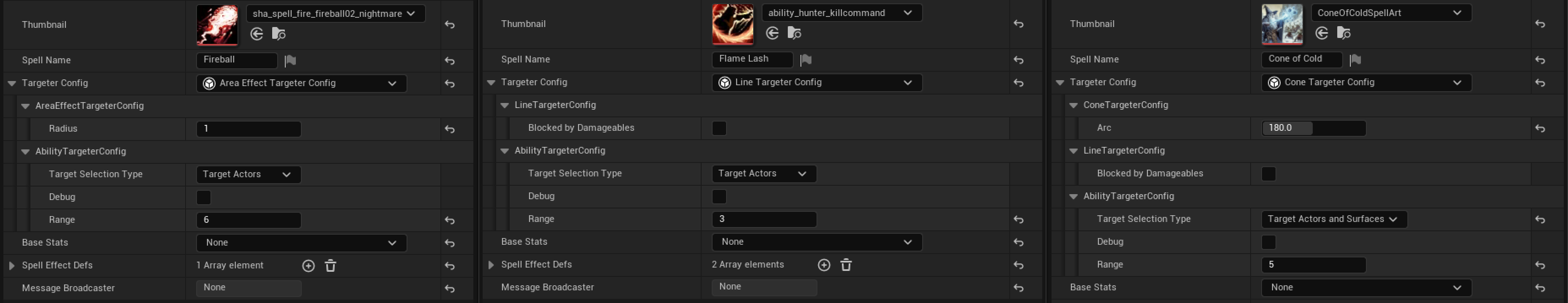 Left: Area of Effect targeter. Center: Line Targeter. Right: Cone Targeter.